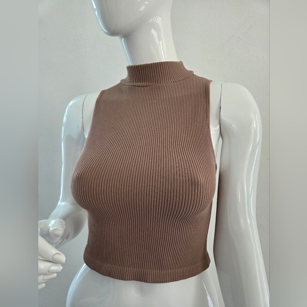 Zara Taupe Brown Ribbed Mock Neck Crop Top Tank Size M/L